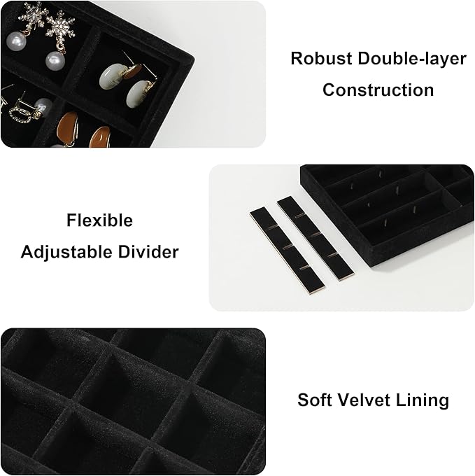 Frebeauty 24 Grid Earring Holder Organizer Tray, Jewelry Organizers and Storage for Drawer,Velvet Jewelry Display Storage for Earrings,Rings,Studs,10.5 x 6.5 x 1.2 Inches Gift for Women (Black)