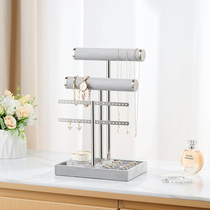 bussdis 3 Tier Bracelet Holder Display - Detachable T Bar Grey Velvet Bracelet Holder, Jewelry Holder Organizer for Bracelet, Necklace, Earrings, Rings