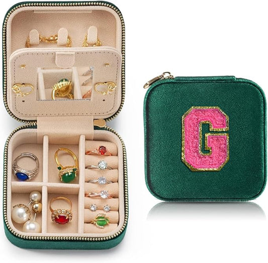 Velvet Travel Jewelry Case Box For Women Ring Necklace Earring Holder Organizer with Mirror Green Girls Box Birthday Gifts Mom Initial G