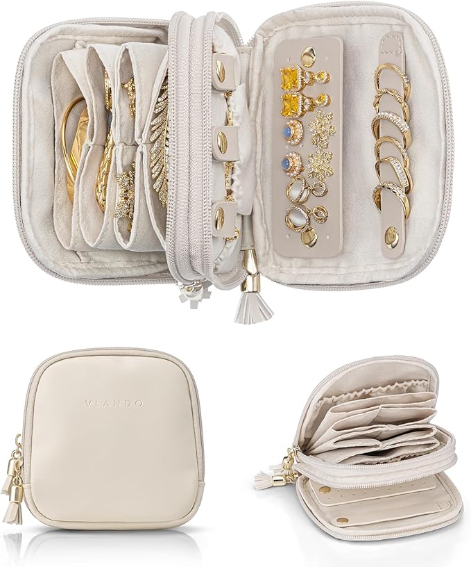 VLANDO Travel Jewelry Case,2-Layer Jewelry Organizer for Travel,Mothers Day Mom Gifts Teacher Gifts,Multi-Compartment Jewelry Storage for Rings Earrings Necklaces Bracelets-Cream White