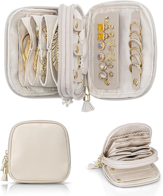 VLANDO Travel Jewelry Case,2-Layer Jewelry Organizer for Travel,Mothers Day Mom Gifts Teacher Gifts,Multi-Compartment Jewelry Storage for Rings Earrings Necklaces Bracelets-Cream White