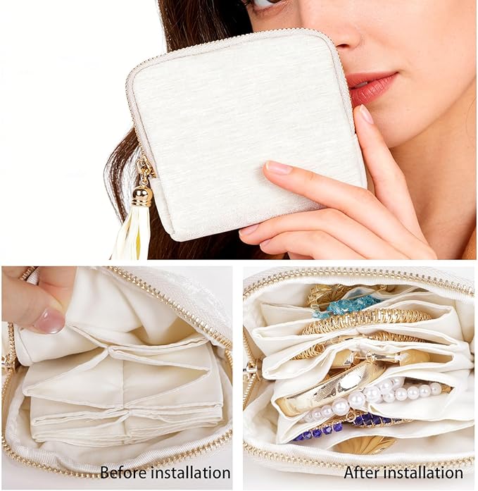 ASINGYER Travel Jewelry Storage Bag for Women, Velvet Portable Jewelry Organizer with Tassel Zipper, Small Pouches for Bracelets Necklaces Rings Earrings, Wedding Gift for Women (beige)