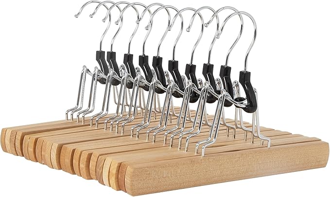 Amazon Basics Sturdy Wooden Pants Hangers for Closet Organization, Natural, 10-Pack