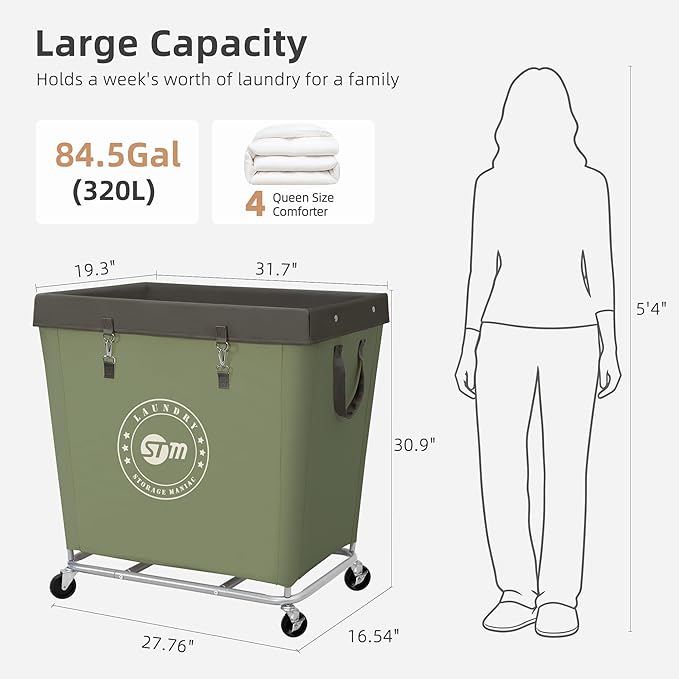 STORAGE MANIAC Commercial Laundry Hamper with Heavy Duty Steel Frame, 320 L Industrial Laundry Basket Cart with Wheels for Hotel, Home, Laundry Room, 31.7''L x 19.3''W x 30.91''H, Large Green
