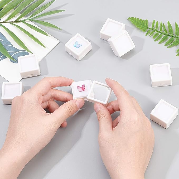 BENECREAT 36PCS White Gemstone Display Box Mini Square Acrylic Jewelry Box Container 1.2x1.2x0.6 with Clear Top Lids and Sponge for Festival Gems,Jewelry Packing