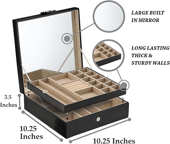 Glenor Co 28 Section Jewelry Box - 2 Layer - Buckle Snap & Magnet Closure - Large Mirror - Pu Leather - Black - Jewelry Organizer for Women & Girls - Holder for Earring Ring Necklace & Bracelet