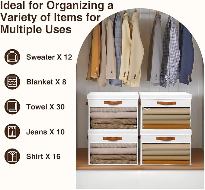 Homsorout Large Storage Bins with Lids - 4 Pack Foldable Decorative Organizers with Clear Windows & Handles, Cube Storage Organizers for Clothes, Blankets, Sweaters, Sheets, White