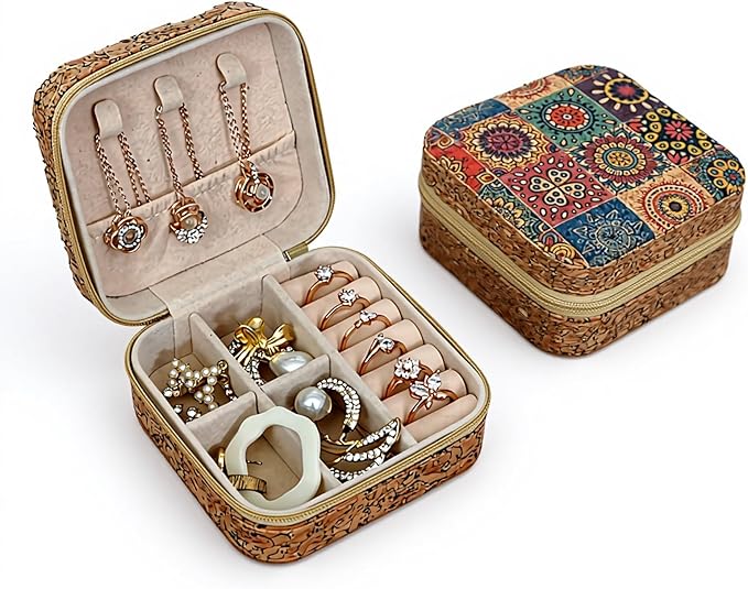 Retro Cork Jewelry Box with Bohemian Patterns for Storing Rings, Necklaces and Earrings During Travel, Soft Velvet Interior, 3.8x3.8x1.8 Inches