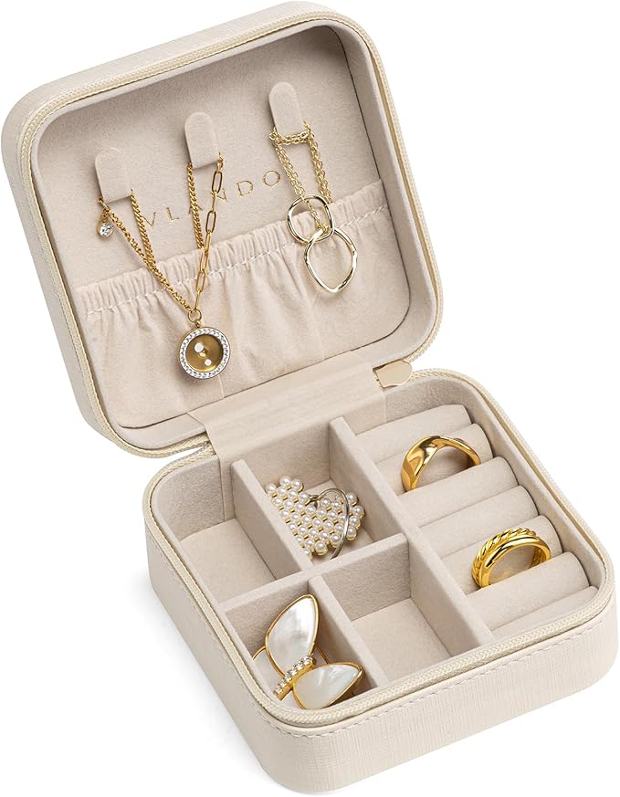 VLANDO Wedding Bridesmaid Gifts - Mothers Day Gifts - Small Jewelry Travel Organizer, Travel Jewelry Case for Ring, Earring, Necklace, Bracelet - Milky White
