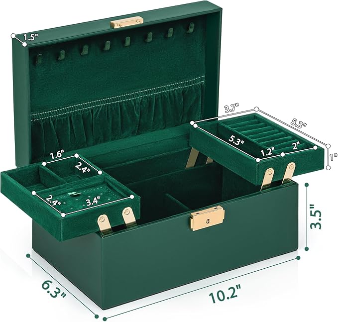 AKOZLIN Travel Jewelry Box Organizer Functional 2-trays Leather Jewelry Storage Case with Lockable Portable for Women Girls Ring Necklace Earring Bracelet