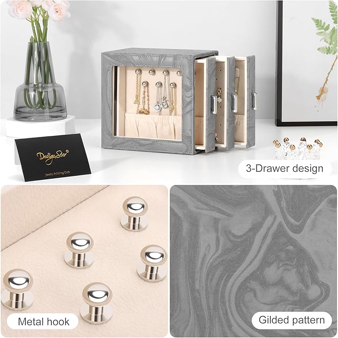 DesignSter Jewelry Box Organizer, Jewelry Box for Women, PU Jewelry Organizer Display Case with Side Drawers, Jewelry Storage for Earring Necklace Ring Bracelet Watch