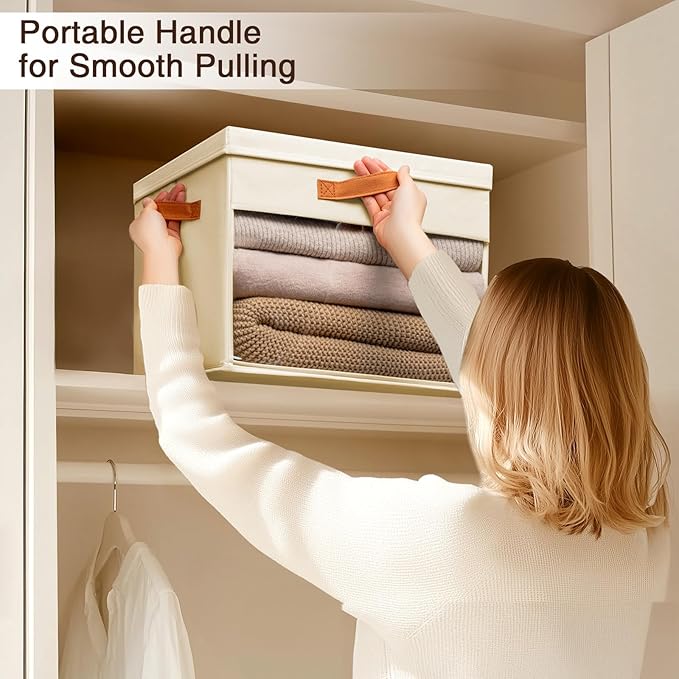 Homsorout Large Storage Bins with Lids - 4 Pack Foldable Decorative Organizers with Clear Windows & Handles, Cube Storage Organizers for Clothes, Blankets, Sweaters, Sheets, Beige