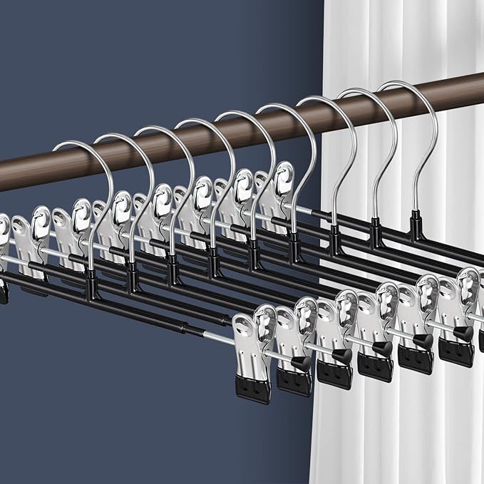 Pants Hangers with Clips for Women 120 Pack Adjustable Heavy Duty Space Saving Skirt Hangers Non-Slip Trousers, Jeans Clothes,Shorts Black,14Inch