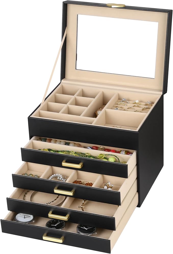 Kendal Jewelry Box, 5-Layer Jewelry Organizer Box with Glass Lid, Black, Heart Shaped PU Leather, Storage Box for Necklace Earrings Rings Bracelets, Gift Idea for Girls LJC4DRBK