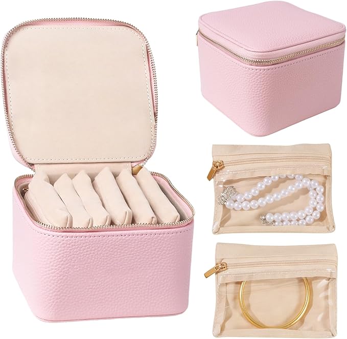 Travel Jewelry Organizer, Travel Jewelry Box with 6 Velvet Zipped Pouches Bags for Jewelries Necklaces Rings Earrings Sorting Storage for Women Girl Gifts, Blush