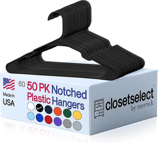 Closetselect Plastic Hangers 50 Pack - Space Saving Clothes Hangers, Made in USA, Durable & Strong Plastic Shirt & Coat Hanger with Notches & Shoulder Grooves, Non-Slip Clothing Hangers | Black