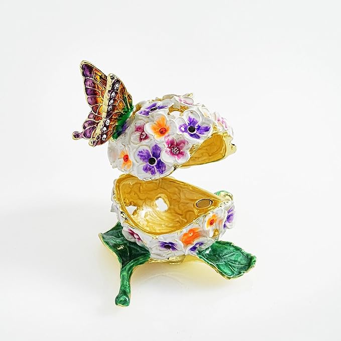 YU FENG Enamel Butterfly Trinket Box Jewelry Organizer, Decorative Hinged Keepsake Box – Butterfly with Floral Ball Design