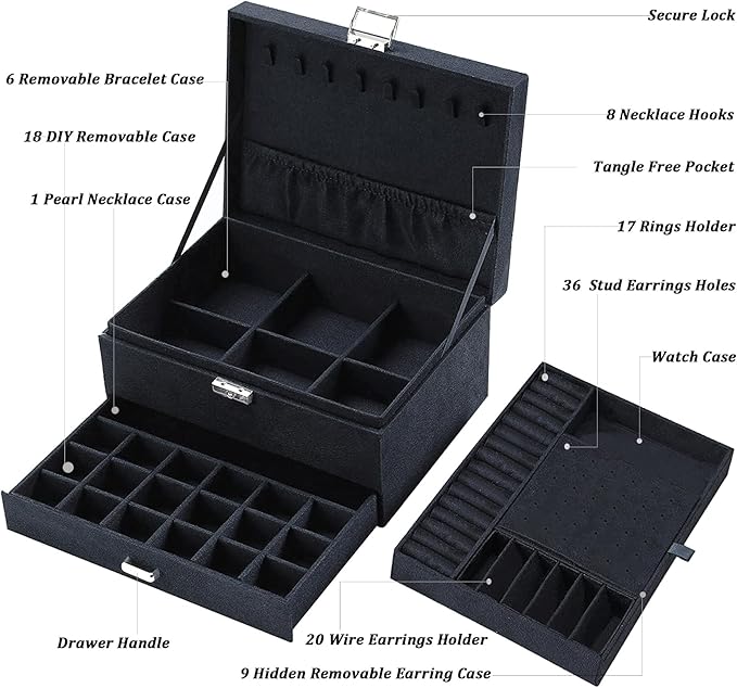 QBestry Jewelry Box for Women with Drawer, 3-Layer Large Jewelry Organizer with Lock & Key, 8 Necklace Hooks & 56 Earring Holes, Black Velvet Jewelry Storage Box for Necklaces Earrings Rings Bracelets