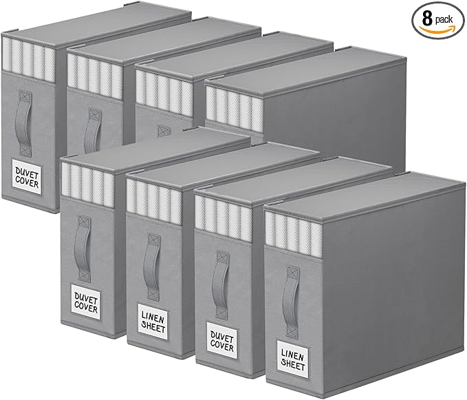 StorageTastic 8 Pack Bed Sheet Closet Organizers and Storage,Sturdy Foldable Storage Containers with Window and Label,Storage and Organization for Bedding Sheets,Duvet Covers,Blankets (Grey)