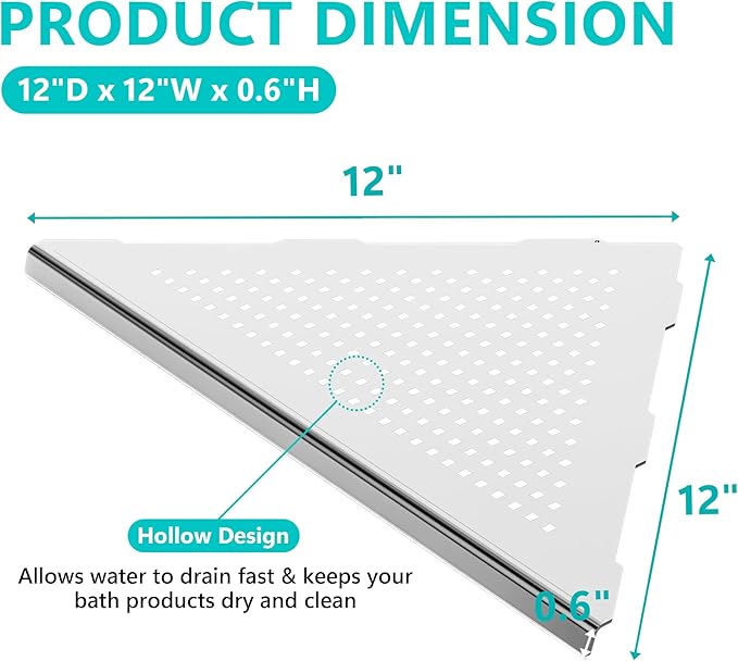 Qeke 2 Pack Bathroom Corner Shelf, Recessed 12" Corner Shower Shelf, SUS304 Stainless Steel Triangular Wall Mount, No Drilling, Brushed Nickel
