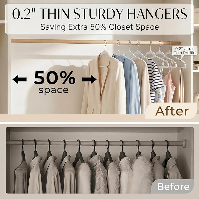 Smarter Plastic Hangers 200 Pack - Thin Hangers Non-Velvet with 360° Swivel Chrome Hook & Notches, Sweater Hanger No Shoulder Bump - Ideal for Dresses, Coats, Shirt, Jacket, Sweater - White