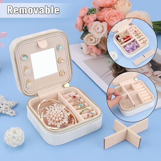 DesignSter Travel Jewelry Box - Velvet Mini Jewelry Organizer, Small Jewelry Case for Girls Women, Jewelry Storage Box for Rings Earrings Necklace (Square, Cream Beige)
