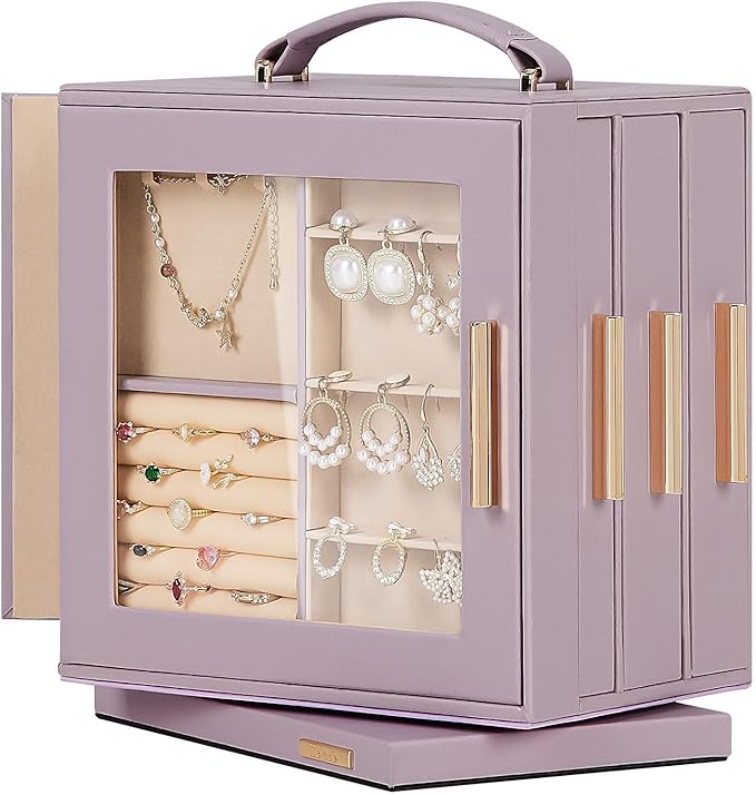 Homde Jewelry Box 360° Rotating, Necklace Earring Organizer with Transparent Window, Mirror, 7 Drawers, Large Ring Display Storage Case for Girls Women (Grey Purple)