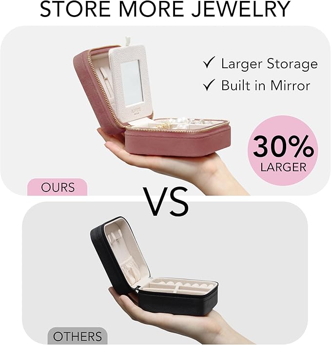 BLUTETE Travel Jewelry Box Organizer Velvet Travel Case With Mirror Ring Earrings Necklaces Storage Organizer Box (Dusty Pink)