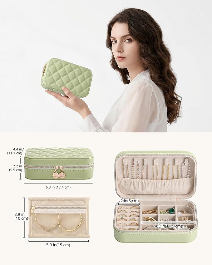 Lolalet Travel Jewelry Case for Women Girls, PU Leather Jewelry Organizer with Clear Storage Bag Small Portable Jewelry Box for Necklace Bracelet Earring Ring Mothers Day Birthday Gifts -Medium/Green