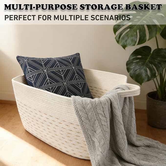 96L Large Blanket Basket,24"x16"x15"Rectangle Storage Bin with Handles,Woven Rope Laundry Basket for Toys, Clothes,Magazines,Home Organization,Nursery,Living Room & Bedroom,White&Yellow