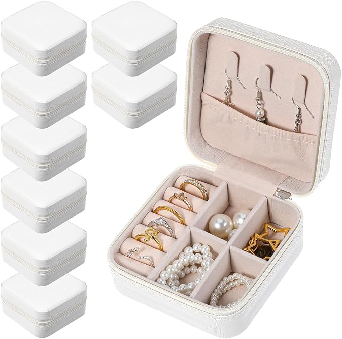 Kifmurase 8PCS Travel Jewelry Case, Small Portable Bridesmaid Jewelry Gift Box, PU Leather Jewelrys Case Organizer Storage for Rings Earrings Necklaces, Women Girls Bridesmaid Proposal Gifts(Beige)