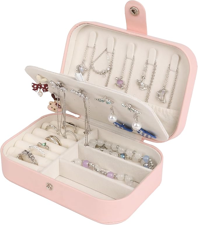 Travel Jewelry Case for Women Girls,PU Leather Small Travel Box Organizer, 6.3x4.3,Pink,1Pack