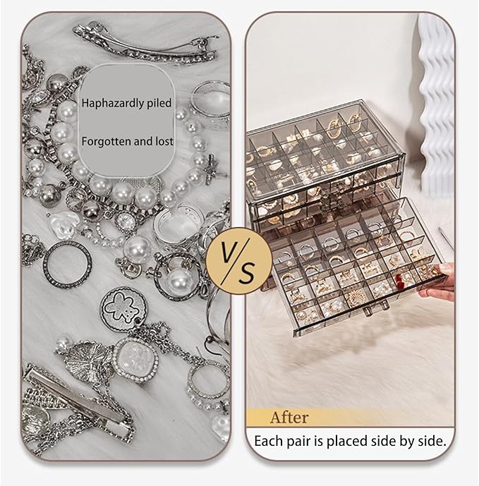Earring Storage Box Organizer 3 Drawers Acrylic Jewelry Storage Box Holder Transparent Jewelry Display Stand with 72 Cells Gift for Women Girls