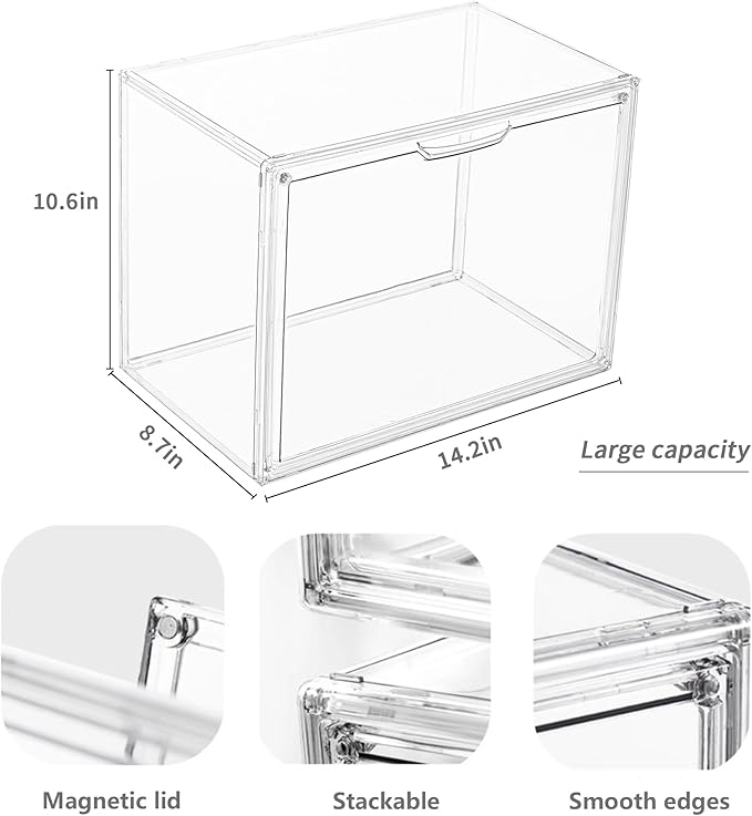 Acrylic Box Display Case, Clear Plastic Stackable Storage Bins with Magnetic Attraction Lid, Showcase for Cosmetic, Large Figures Collectibles (5 Pack, X-Large)