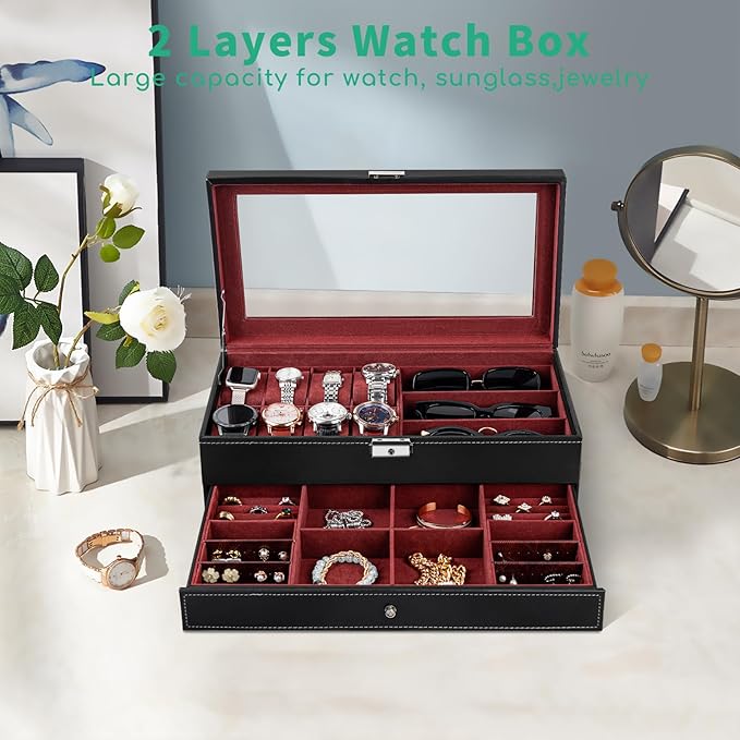 TomCare Watch Box 2-Tier Watch Case Jewelry Organizer Box with Thick Glass Lid Lockable Watch Organizer Jewelry Display Holder Sunglass Rings Necklaces Bracelets Storage Organizer for Men Women
