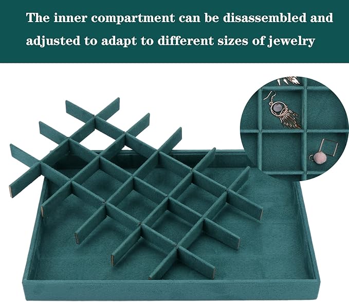 Large Velvet Jewelry Tray, Drawer Organizer for Jewelry in Dresser, Stackable Jewelry Drawer Organizer Inserts for Earring Necklace Bracelet Rings(Green,24grid)