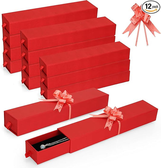 12-Pack Drawer Style Jewelry Gift Boxes with Sponge Insert, 8.7"x1.8"x1.2" Necklace & Bracelet Display Box for Presentation, Cardboard Storage Organizer for Pendant, Ring, Earring - Red
