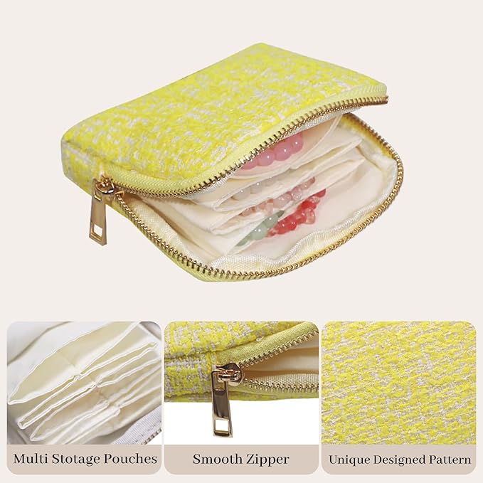 Stratalife Travel Jewelry Case - Portable Jewelry Organizer for Traveling Small Pouches for Bracelets Necklace Bangles Healing Crystal, Ring Storage with Zipper Gift for Women, Yellow
