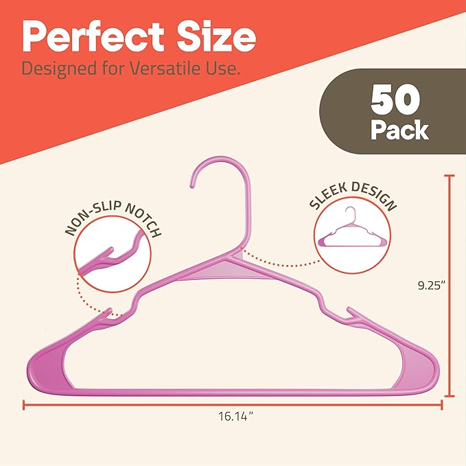Pink Plastic Hangers 50 Pack– Heavy-Duty Plastic Hangers Slim and Space-Saving, Durable and Lightweight PP with Non-Slip Shoulder Notches for Slip Dresses, Suits, Jackets & Camisoles