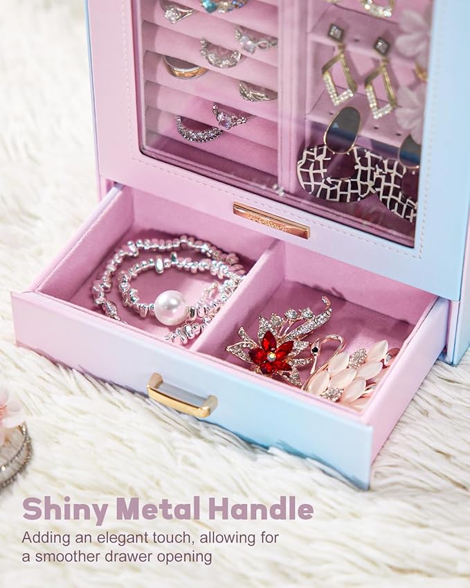 Homde Jewelry Organizer Girls Women Jewelry Box for Necklaces Rings Earrings Gift Bracelets Storage Case (Blue - Pink Gradient + Gold)
