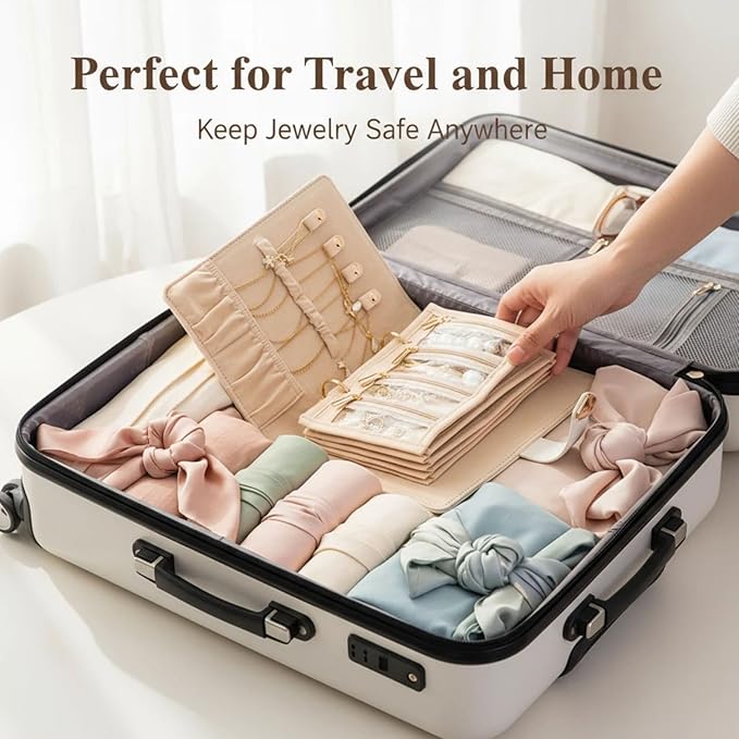 Travel Jewelry Binder Earring Organizer, Portable PU Jewelry Book Organizer with 4 Necklace Clips & 5 Zipper Velvet Pouch For Rings,Necklace,Earrings - Perfect Jewelry Storage Book For Women Girls