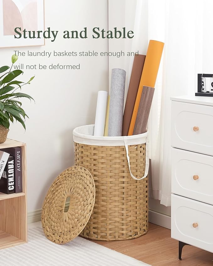 SETVSON Laundry Basket with Lid Round Rattan Laundry Hamper with Lid and Handles 29.1 Gal (110 L) Handwoven Woven Basket with Removable Bags and 2 Mesh Bags for Bathroom Living Room Natural