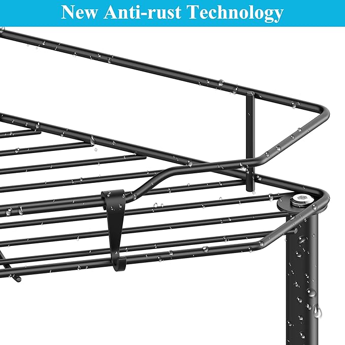 HuggieGems 2 Tier Floor Standing Corner Shower Caddy Organizer Shelf with Hooks, Bathroom Shelves Stand Rack, Black