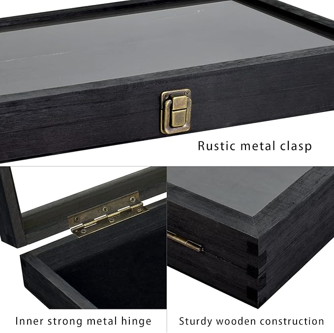 MOOCA Glass Top Black Jewelry Display Case Box 50 Gem Jars, Ring Box, Jewelry Organizer, Jewelry storage Black Tray with Gem Jar, 15" W x 8.5" D x 2" H