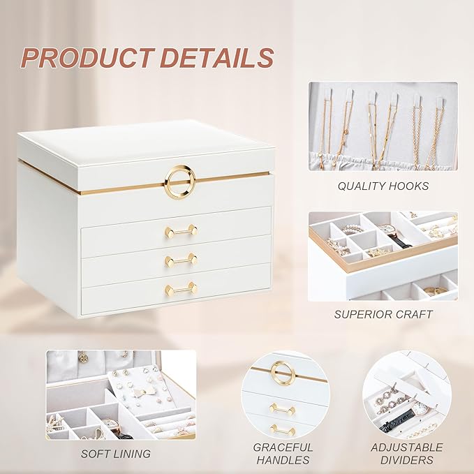 Jewelry Box for Women,4-Layer Leather Jewelry Holder Organizer with 3 Drawers Large Jewelry Storage Boxes, Lots of Storage Space For Ring,Necklace,Bracelets,Earring（White）