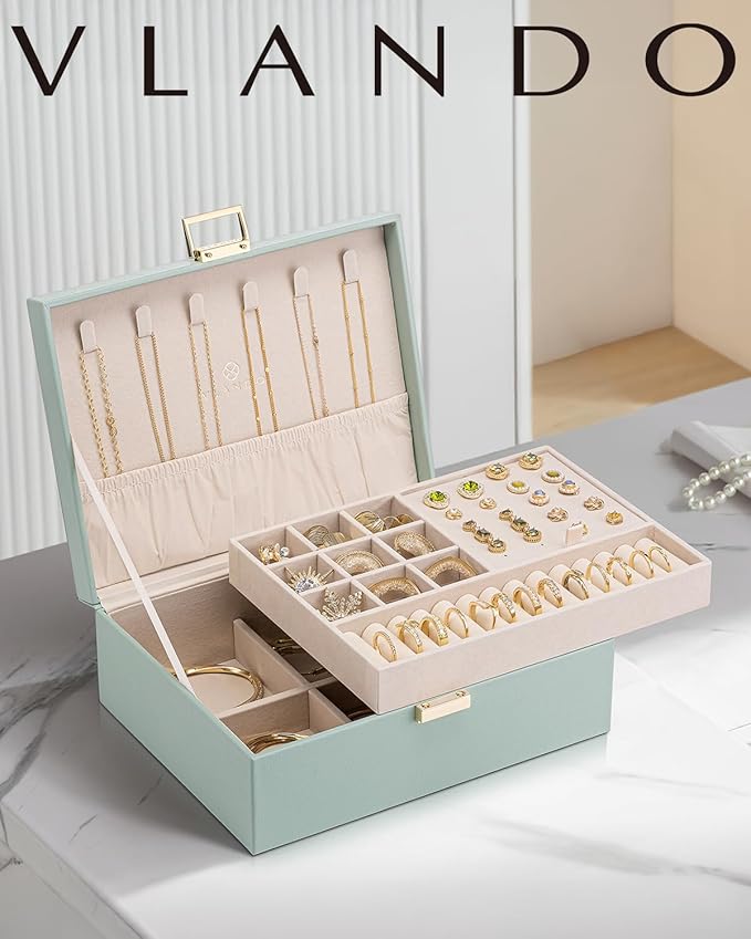 VLANDO 2 Layer Jewelry Box Large Jewelry Organizer for Women Removable Jewelery Tray for Necklace Earrings Rings Bracelets Holidays Gifts for Mom Wife (Green)