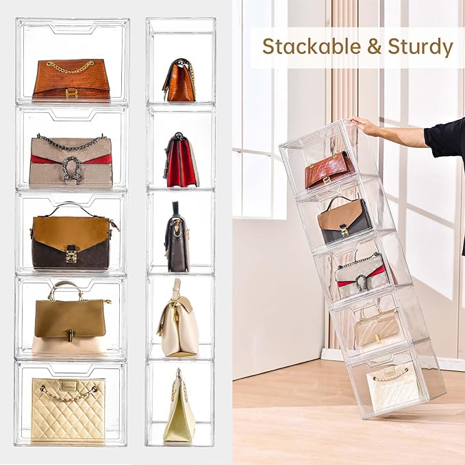 Freebat Stackable Storage Bins, Clear Acrylic Display Case, 9-Pack Acrylic Boxes with Lids, Clear Storage Containers Storage for Handbags, Collectibles & Figures