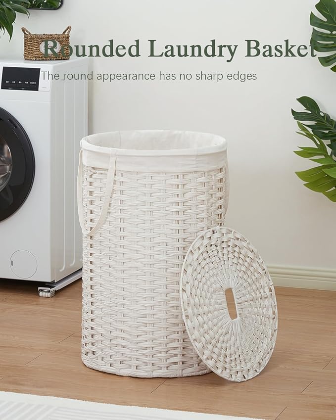 SETVSON Large Laundry Hamper Laundry Basket Round 34.3 Gal (130 L) Handwoven Wicker Laundry Baskets Rattan Laundry Basket with Laundry Bag Handles 2 Mesh Bags for Living Room Bedroom White