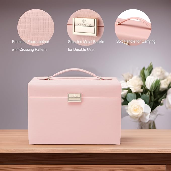 Vlando Mirrored Jewelry Box Organizer, Leather Jewelry Storage Case, Necklaces Earrings Rings Brackets Box Holder, Pink