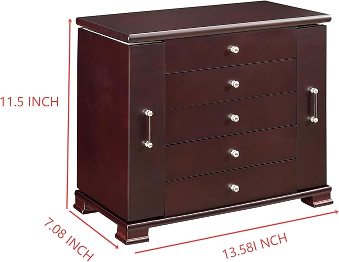 Brown 5 Layer Jewelry Box for Women,Top With Mirror Wooden Jewelry Organizer,With 8 Hook And Velvet Lining Large Jewelry Storage,For Watch Necklace Ring Earring Storage Gifts